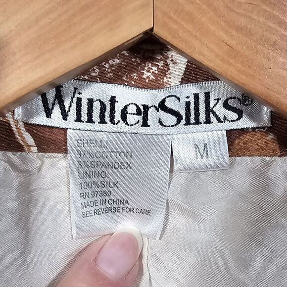 WinterSilks‎ Brown Abstract Art Print Silk Lined Stretch Cotton Blazer Jacket Sz - Picture 6 of 9